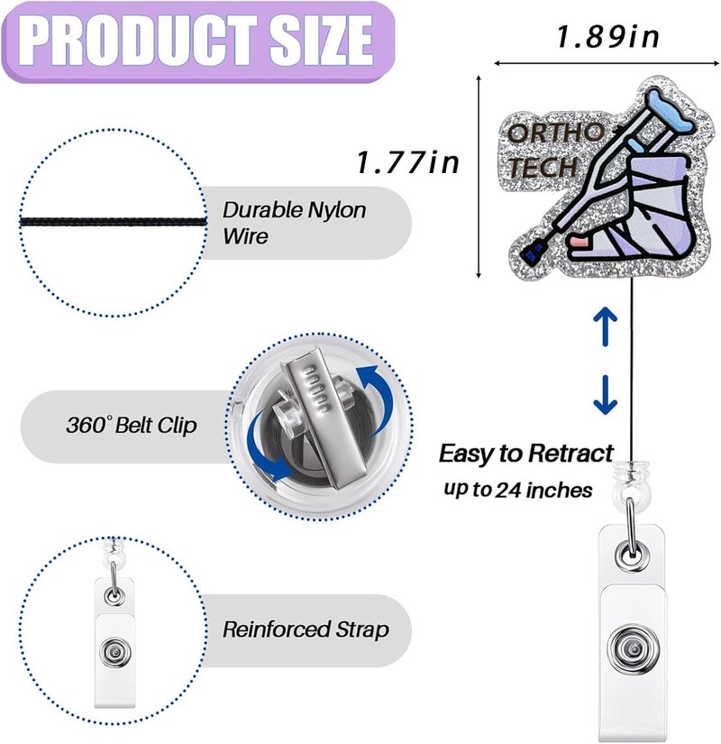 Bydevia Glitter Ortho Tech Badge Reel Retractable, Funny Orthopedics Badge Reel for Work, Radiology X-Ray Tech Badge Holder Gifts, Rehab Nurse Badge Clip, Ortho Nurse Badge ID Holder with Alligator Clip - Image 2